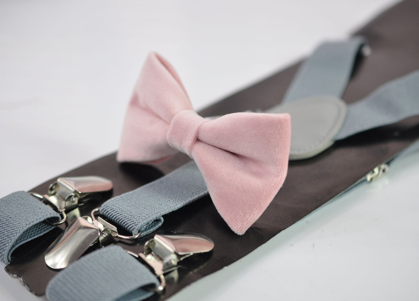 Blush Dusty Pink Velvet Bow tie + Light Grey Gray Elastic Suspenders Braces for Men Adult / Youth Teenage / Boy Kids / Baby Infant Todler