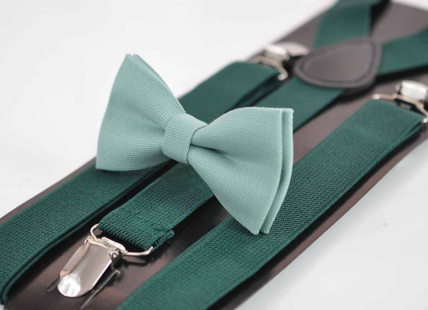 Sage Green Cotton Bow tie + Emerald Green Elastic Suspenders Braces for Men / Youth Teenage / Boy Kids / Baby Infant Toddler Wedding Prom