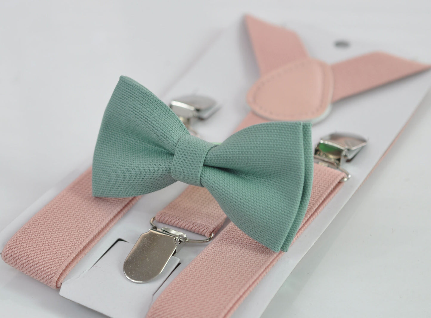 Sage Green Cotton Bow tie + Dusty Pink Elastic Suspenders Braces for Men Adult / Youth Teenage / Boy Kids / Baby Infant Toddler Wedding Prom