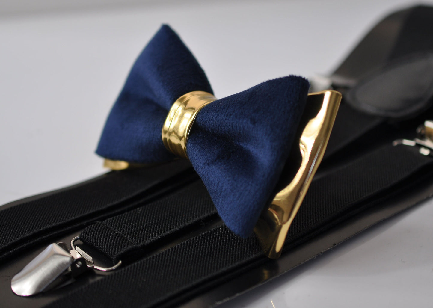 Navy Blue Velvet and Gold Faux Leather Bow tie + Black Elastic Suspenders Braces for baby infant / Toddler Boy Kids / Youth Teenage / Adult