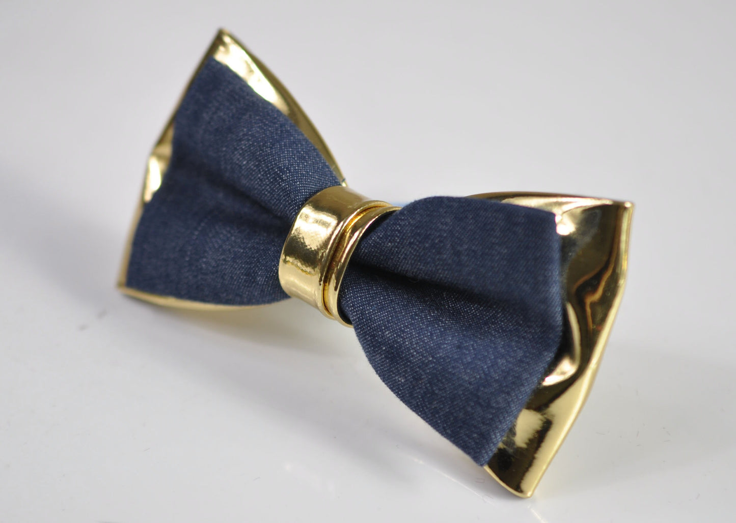 Navy Blue Denim and Gold Faux Leather Bow Tie + Brown Faux Leather Suspenders Braces for Men / Youth Teenage / Boy Kids / Baby Toddler