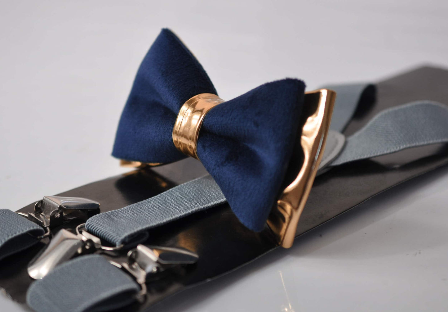 Navy Blue Velvet Rose Gold Faux Leather Bow tie + Grey Elastic Suspenders Braces for Men / Youth Teenage / Boy Kids / Baby Infant Toddler