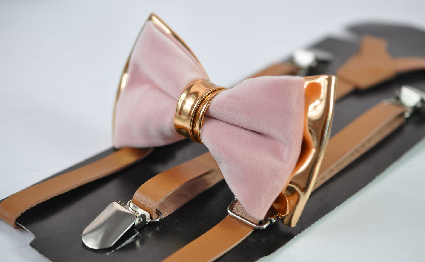 Dusty Pink Vevlet Rose Gold Faux Leather Bow tie + Brown Tan Leather Suspenders braces for Youth Teenage / Boy Kids / Baby Infant Toddler