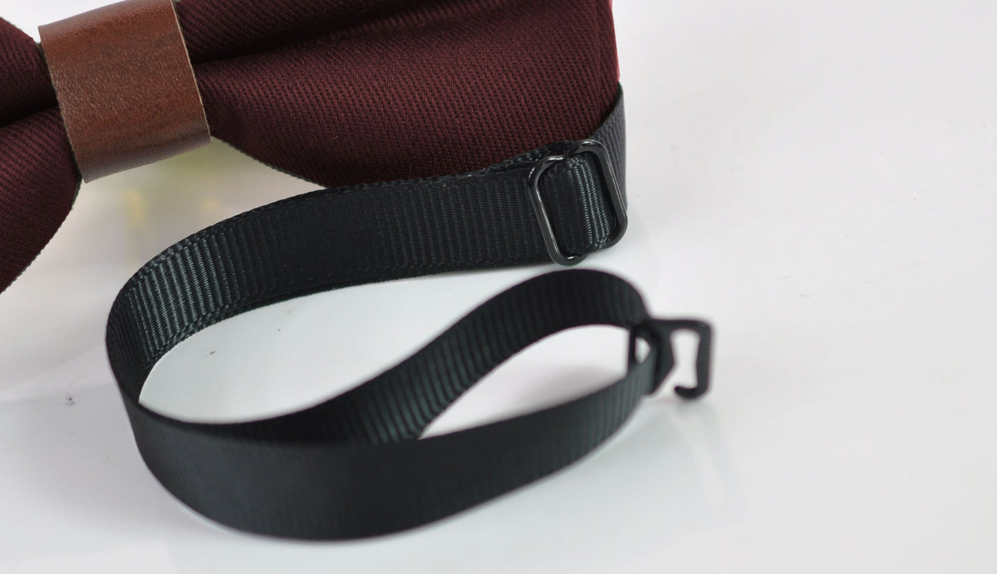 Burgundy Wine Red Dark Red Cotton and Brown Faux Leather Pretied Bow tie Bowtie for Men / Youth Teenage / Boy Kids / Toddler Baby Infant