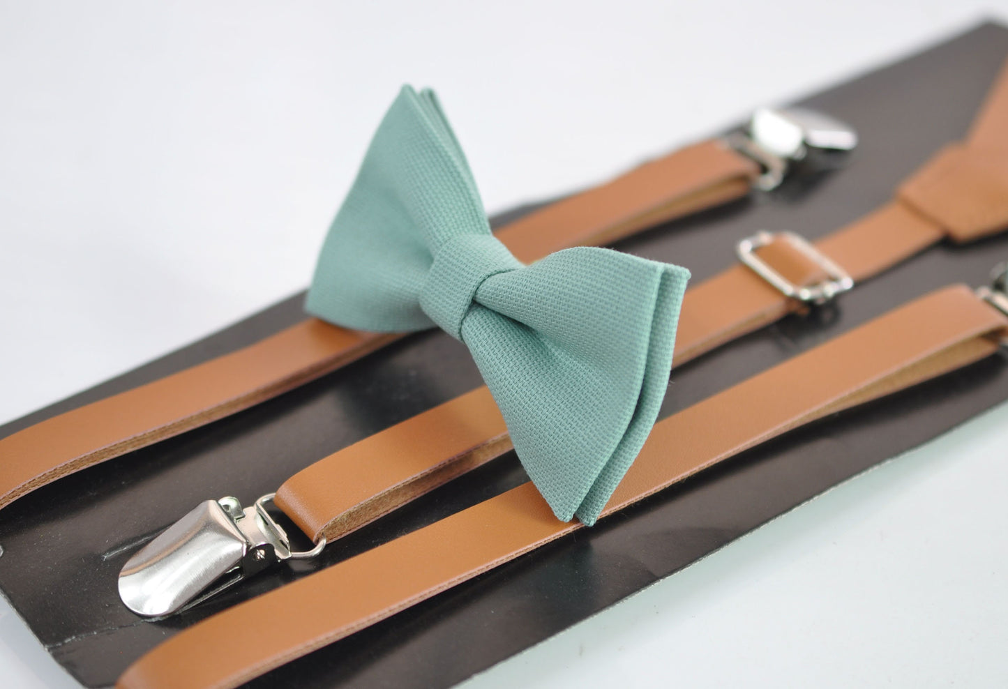 Sage Green Cotton Bow Tie + Tan Brown Skinny Faux Leather Adjustable Suspenders Braces for Youth Teenage / Boy Kids / Baby Infant Toddler