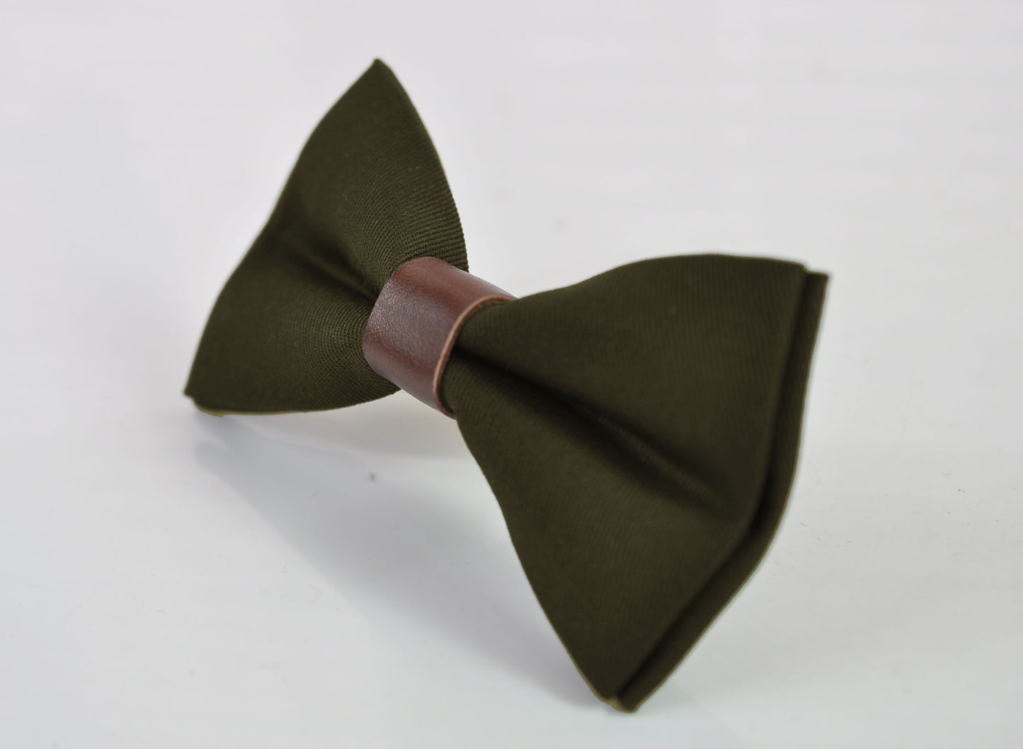 Olive Green Amy Green Cotton Brown Faux Leather Bow Tie + Brown Faux Leather Skinny Suspenders Braces For Youth / Boy Kids / Baby infant