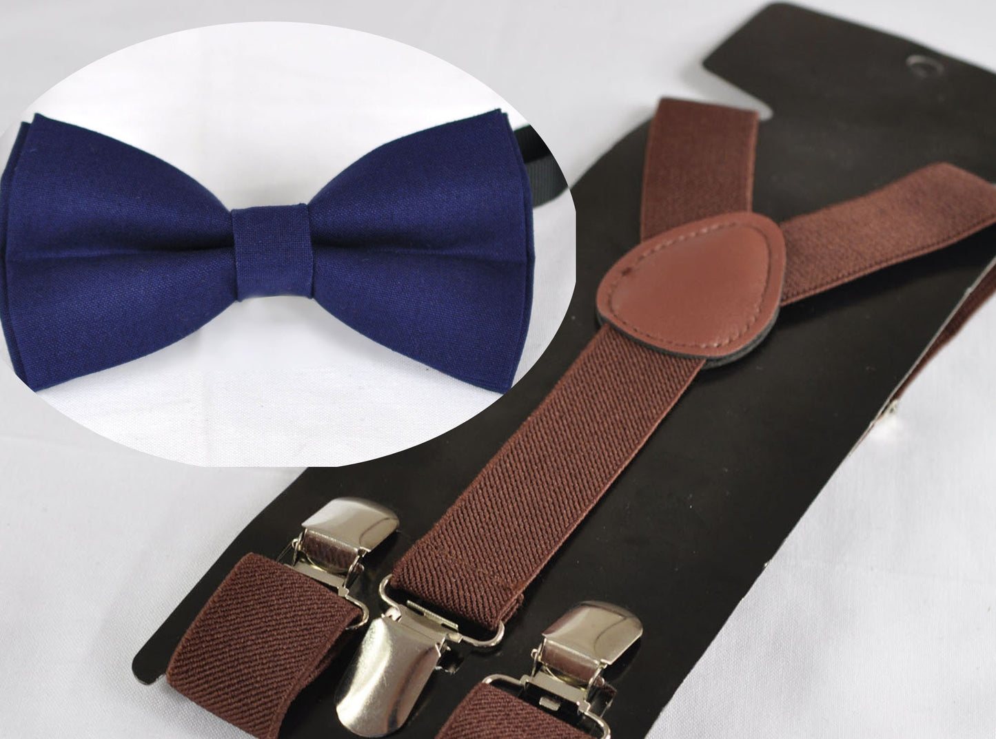 Navy Blue Solid 100% Cotton Bowtie Bow Ties + Brown Khaki Braces Elastic Suspenders for Baby infant / Boy Kids / Youth Teenage / Men