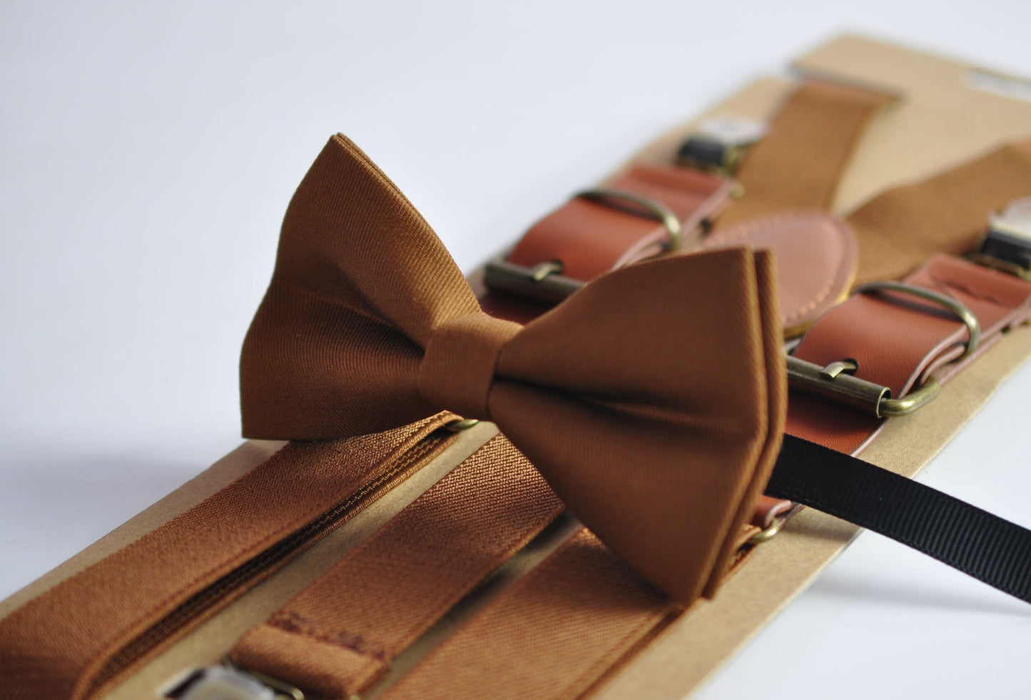 Toffee Brown Cotton Bow tie + Matched Elastic Faux Leather Suspenders Braces for Baby infant Toddler / Boy Kids / Youth Teenage / Adult Men