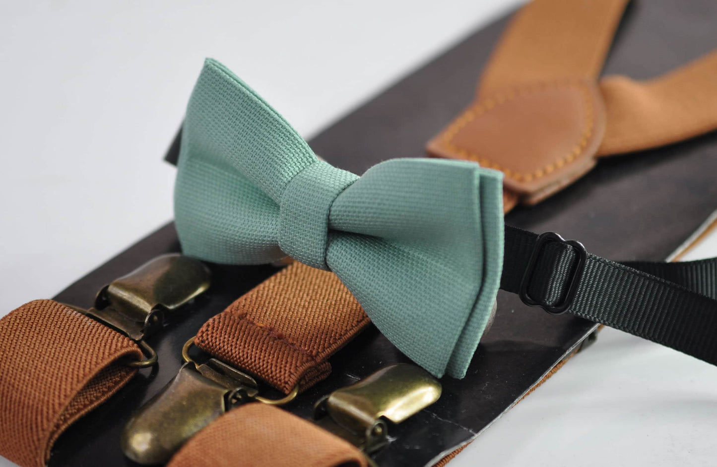 Sage Green Cotton Bow tie Bowtie + Tan Brown Elastic Suspenders Braces for Men / Youth Teenage/ Boys Kids / Baby Infant Toddler
