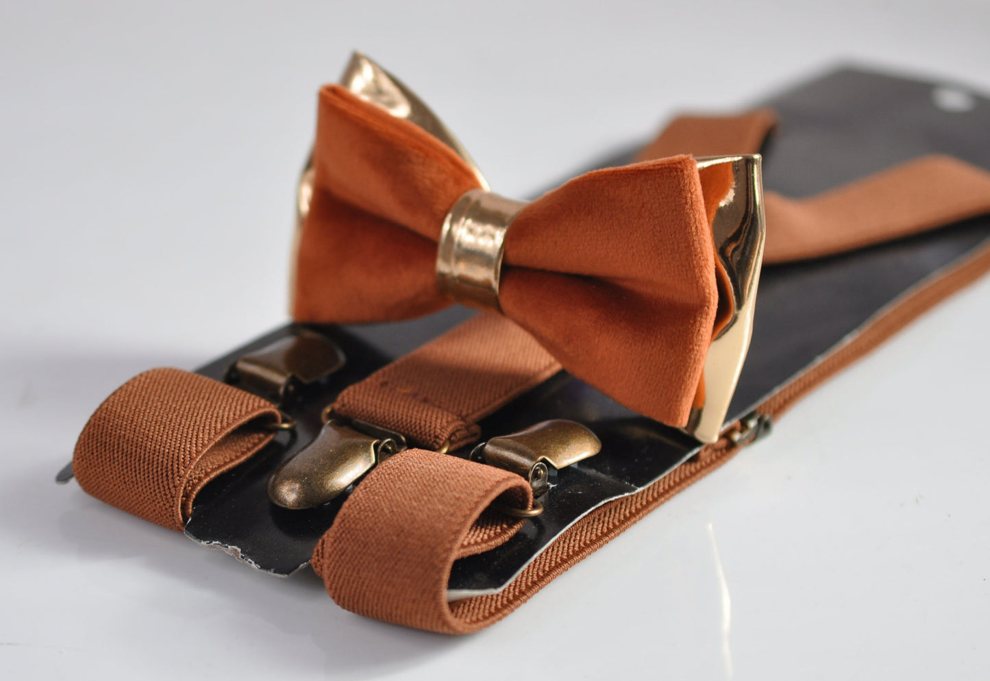 Rusty Rust Brown Velvet Rose Gold Leather Bow tie + Tan Brown Elastic Suspenders Braces for Men / Youth / Boys Kids / Baby Infant Toddler