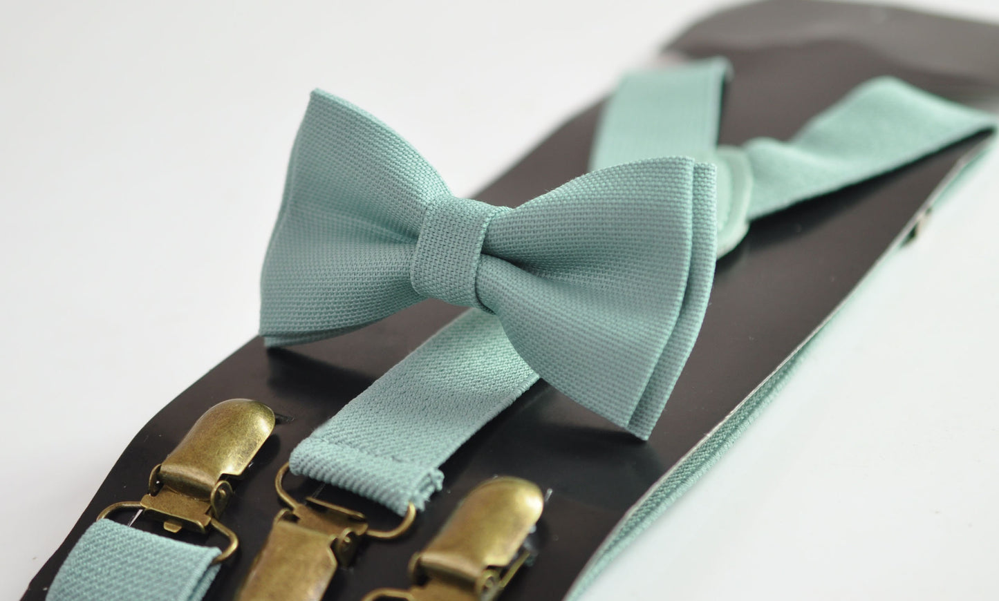 Sage Green Cotton Bow tie + Elastic Suspenders Braces + Pocket Square Hanky Handkerchief for Men / Youth / Boys Kids / Baby Infant