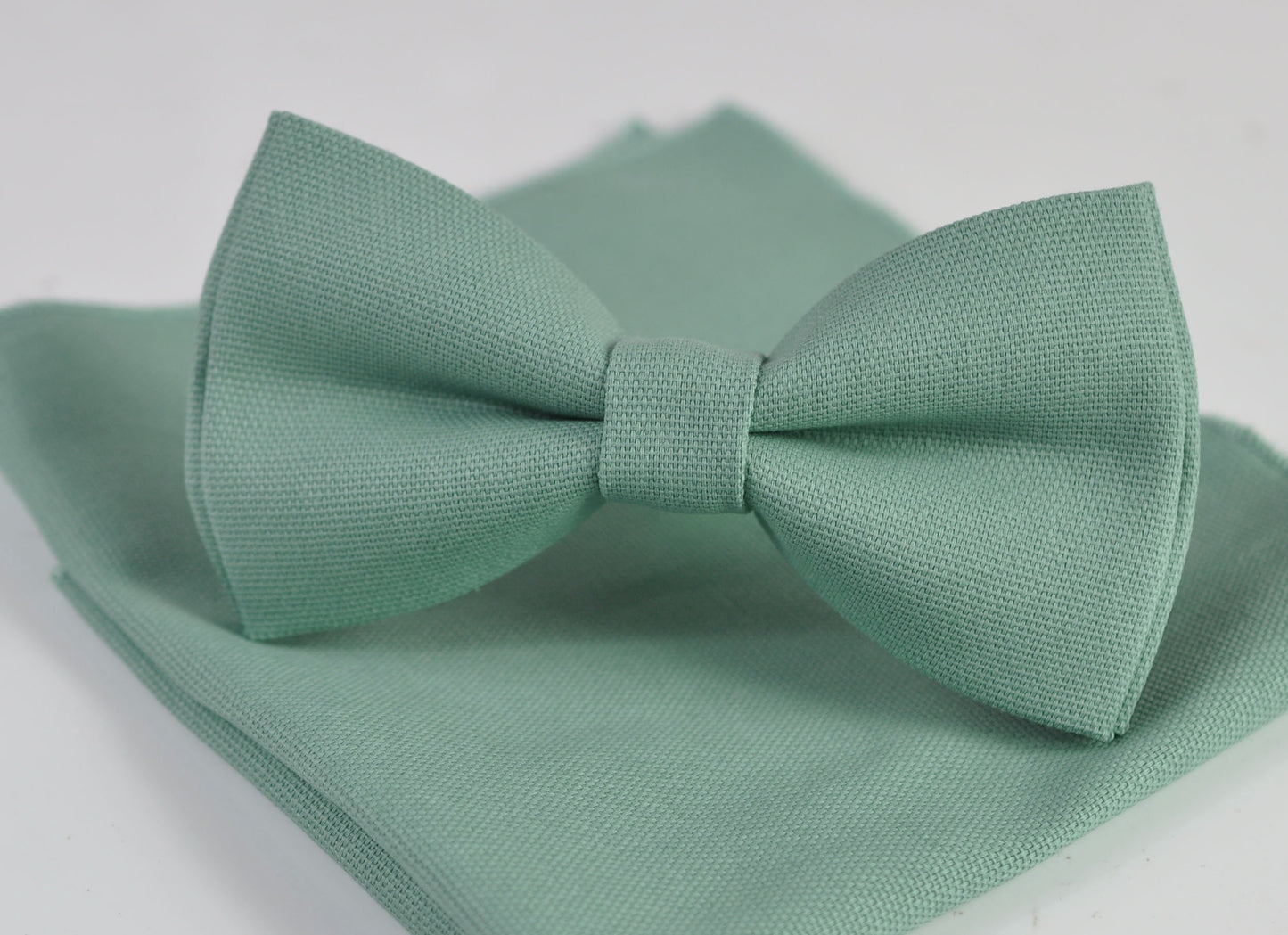 Sage Green Cotton Bow tie + Elastic Suspenders Braces + Pocket Square Hanky Handkerchief for Men / Youth / Boys Kids / Baby Infant