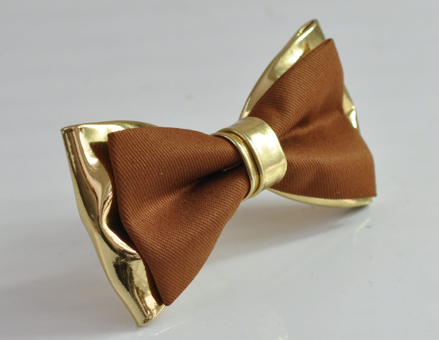 Tan Brown Cotton and Gold Faux Leather Bow tie Bowtie + matched Elastic Suspenders Braces for Men / Youth / Boys Kids / Baby Infant Toddler