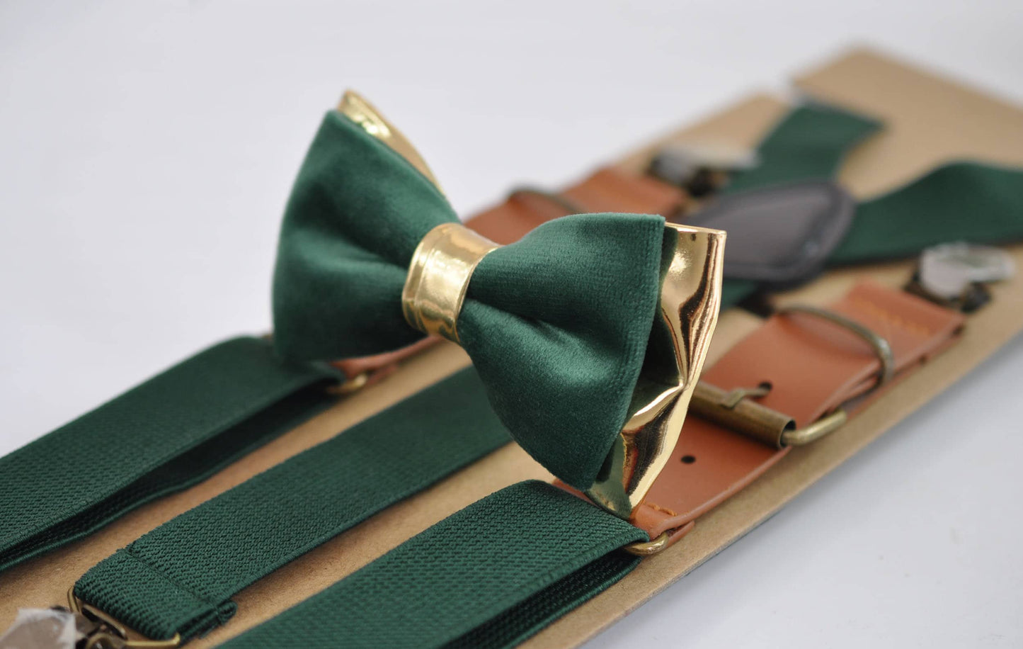 Emerald Green Velvet Gold Leather Bow tie + Suspenders Braces + Pocket Square Hanky Handkerchief for Men / Youth / Boys Kids / Baby Infant