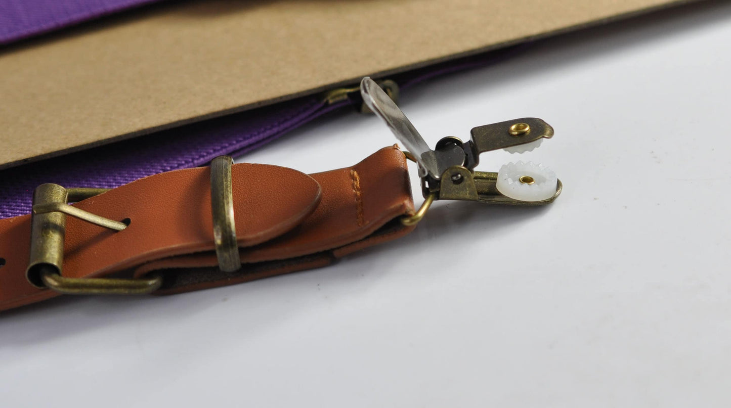 25mm Wide Orchid Purple Elastic Tan Faux Leather Adjustabale Suspenders Braces for Men / Youth / Boy Kids / Infant Toddler Baby