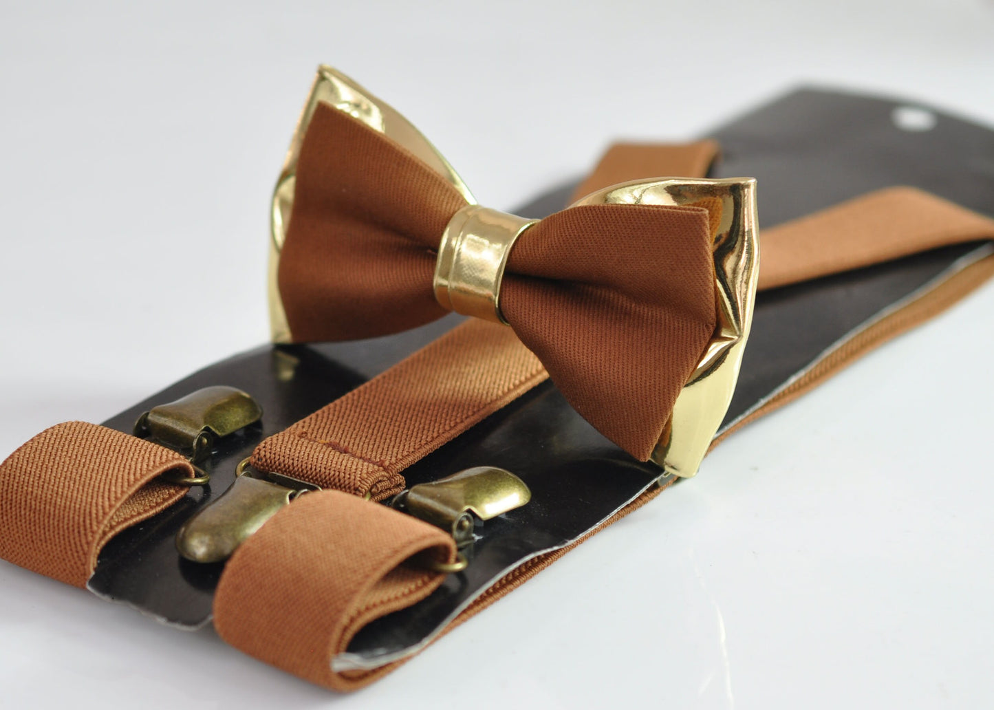 Tan Brown Cotton and Gold Faux Leather Bow tie Bowtie + matched Elastic Suspenders Braces for Men / Youth / Boys Kids / Baby Infant Toddler