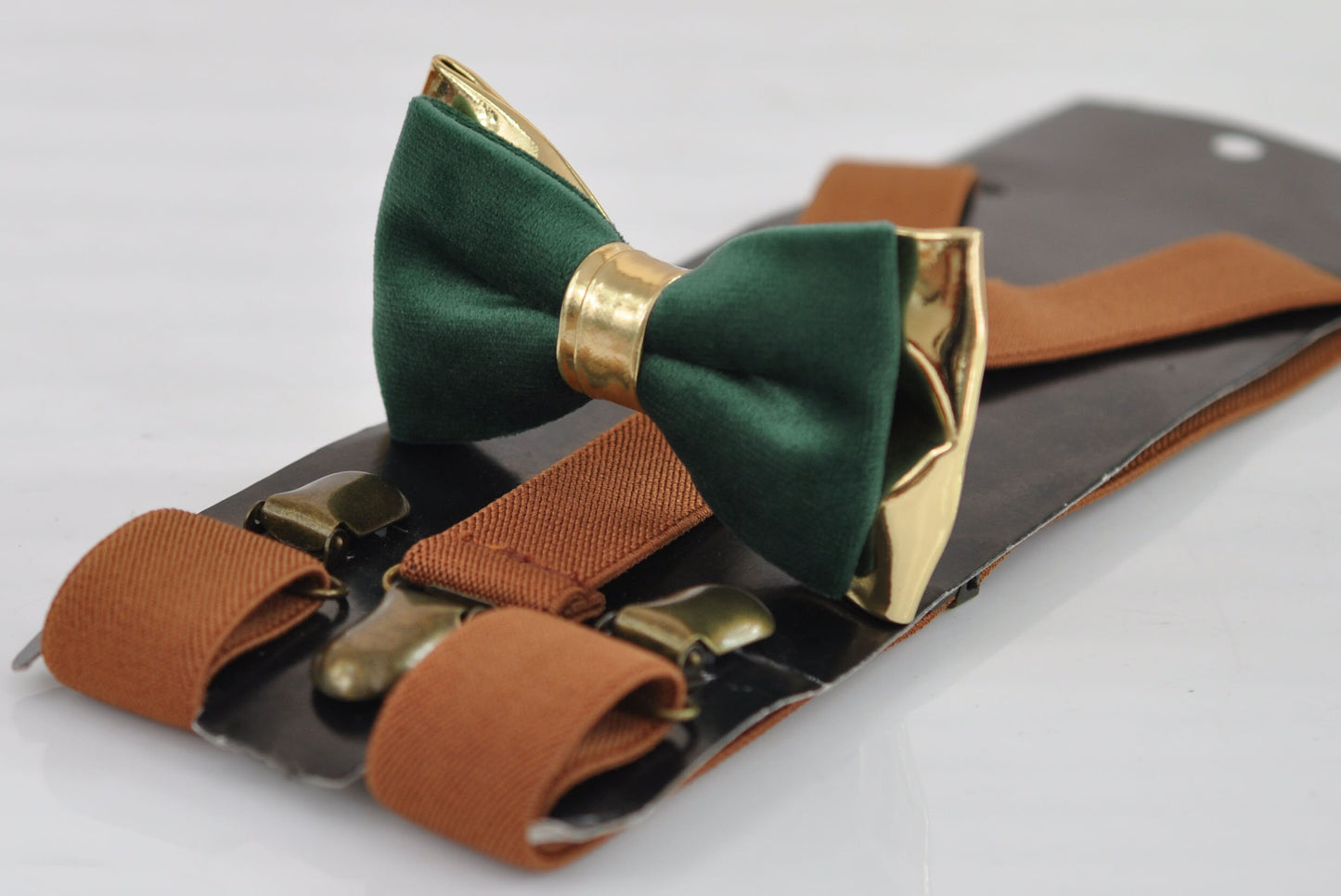 Emerald Green Hunter Green Velvet Gold Leather Bow tie + Tan Brown Elastic Suspenders Braces Men / Youth / Boys Kids / Baby Infant Toddler