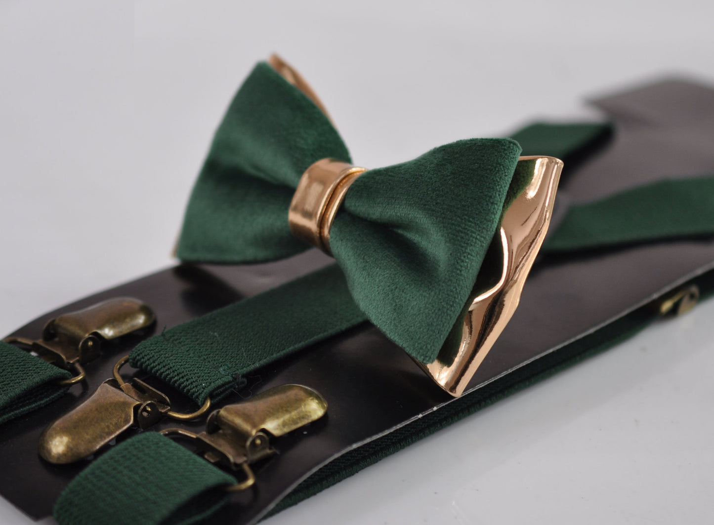 Emerald Green Velvet Rose Gold Leather Bow tie + Suspenders Braces + Pocket Square Handkerchief for Men / Youth / Boys Kids / Baby Infant