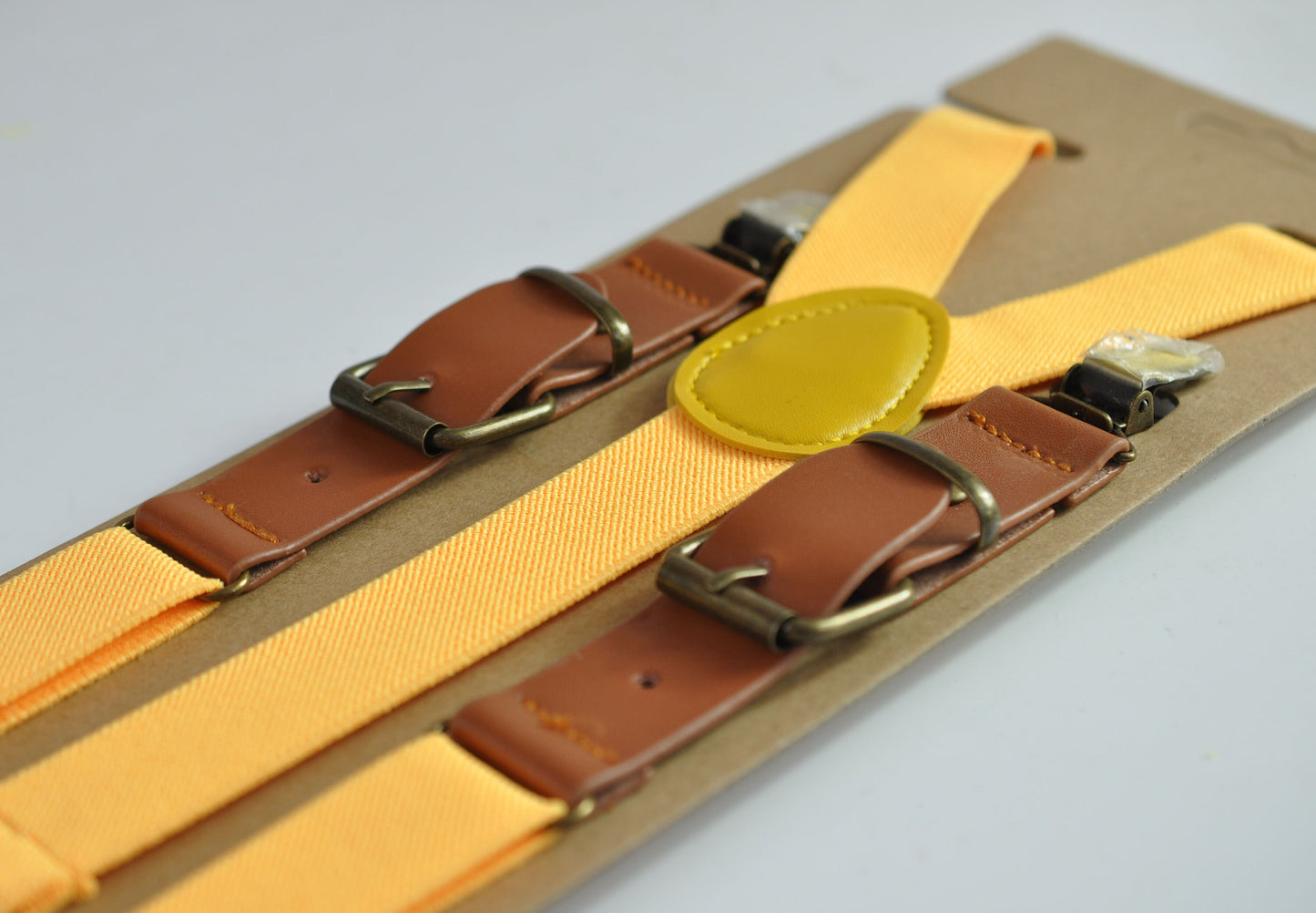 25mm Wide Yellow Elastic Tan Faux Leather Adjustabale Suspenders Braces for Men / Youth / Boy Kids / Infant Toddler Baby