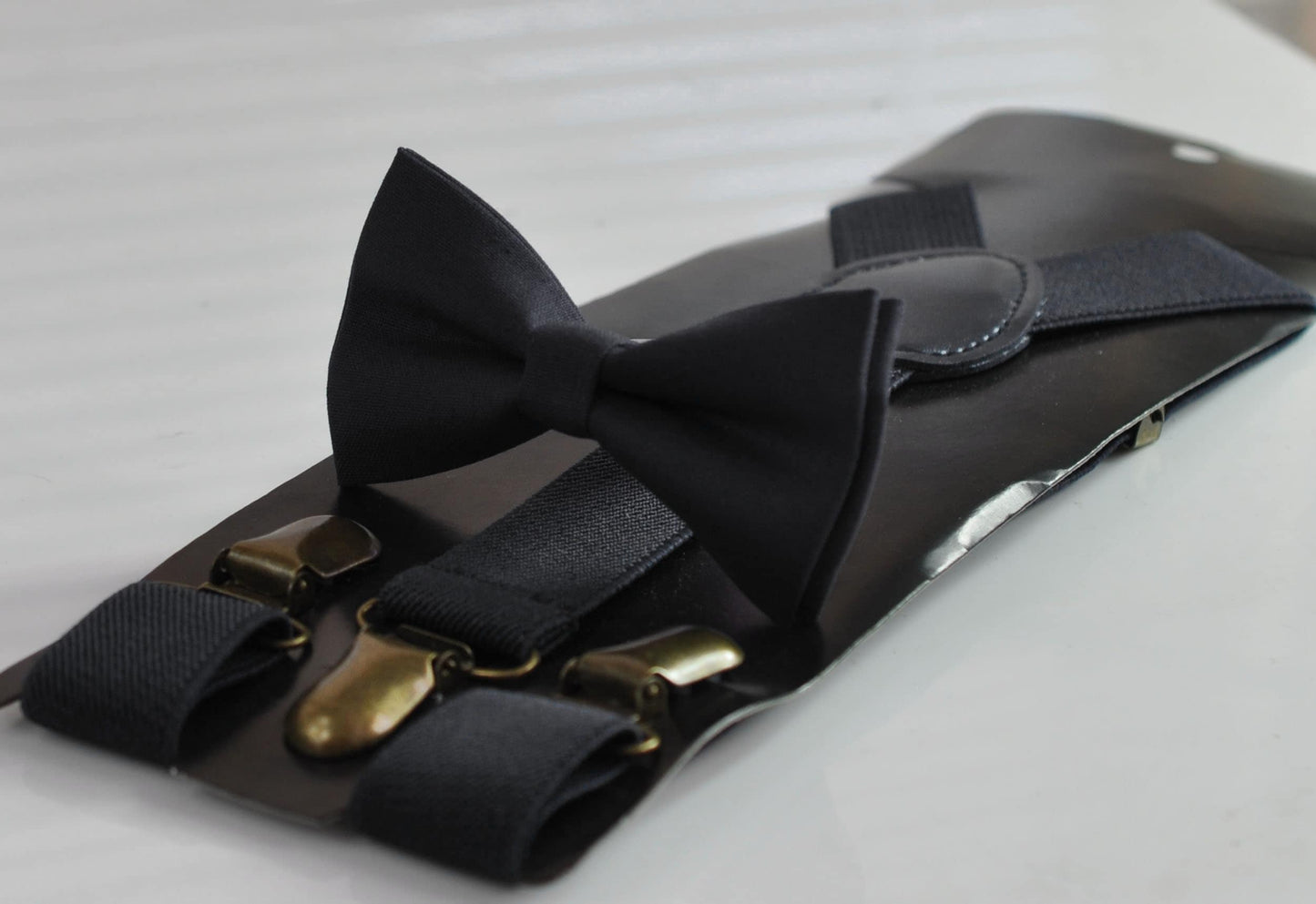 Black Cotton Bow tie Bowtie + Elastic Suspenders Braces Bronze Metal Clips for Men / Youth Teenage/ Boys Kids / Baby Infant Toddler