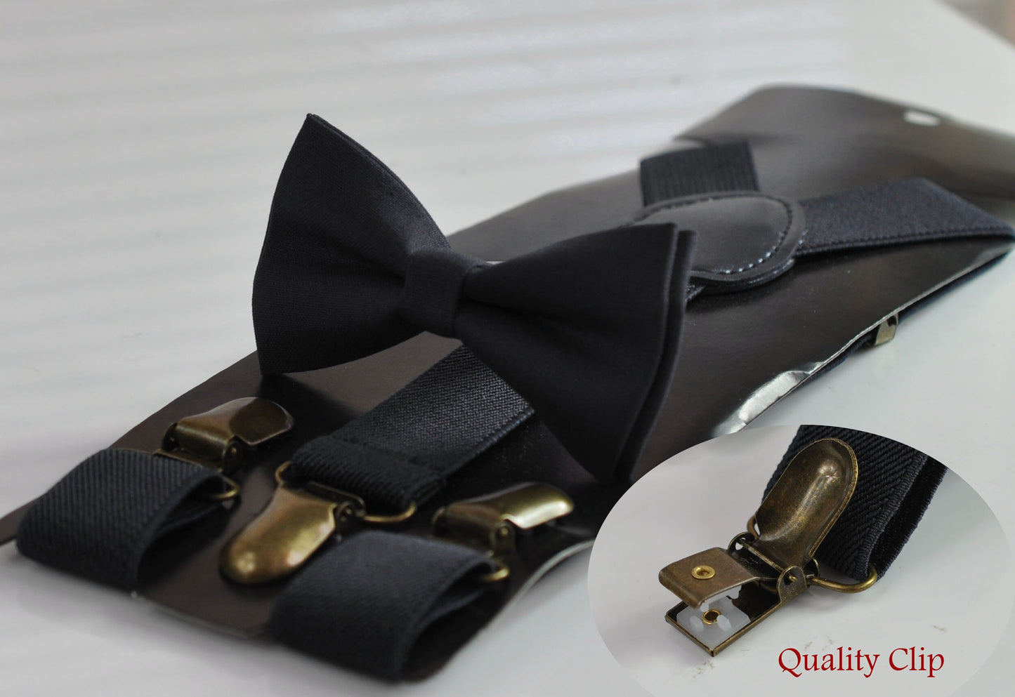 Black Cotton Bow tie Bowtie + Elastic Suspenders Braces Bronze Metal Clips for Men / Youth Teenage/ Boys Kids / Baby Infant Toddler