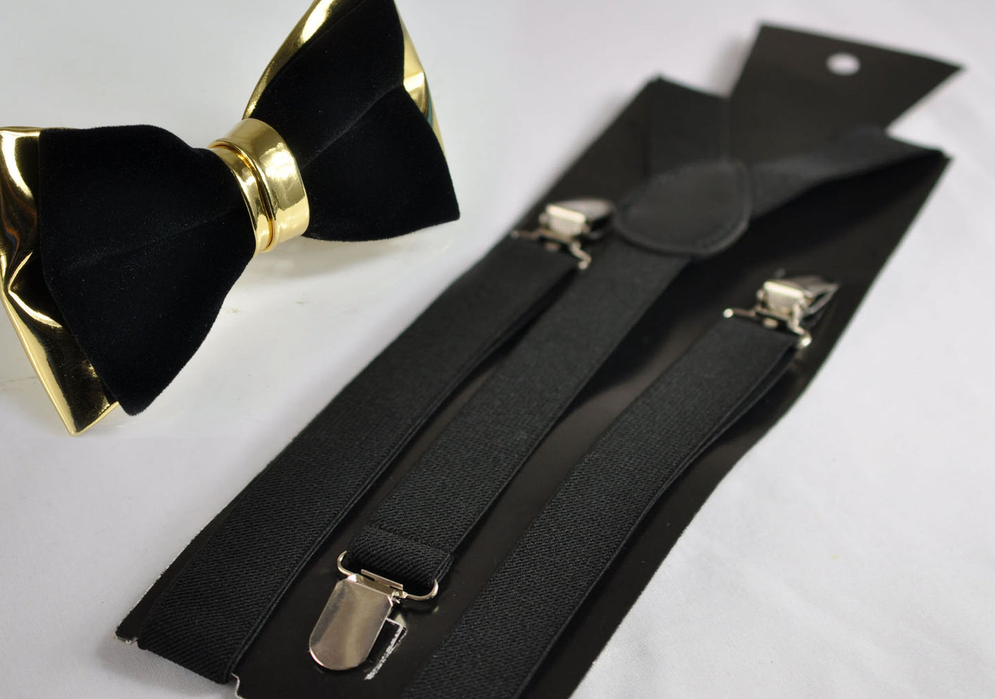 Black Velvet Gold Faux Leather Bow tie + Black Elastic Suspenders Braces for baby infant / Toddler Boy Kids / Youth Teenage / Adult