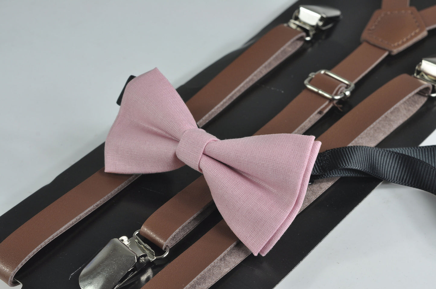 Dusky Dusty Rose Pink Blush Pink Cotton Bow tie + Brown Faux Leather Suspenders for Baby infant / Boy Kids / Youth Teenage