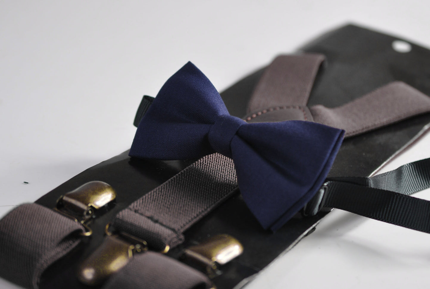 Junior Navy Blue Cotton Bow tie Bowtie + Coffee Dark Brown Elastic Suspenders Braces Men / Youth Teenage/ Boys Kids / Baby Infant Toddler