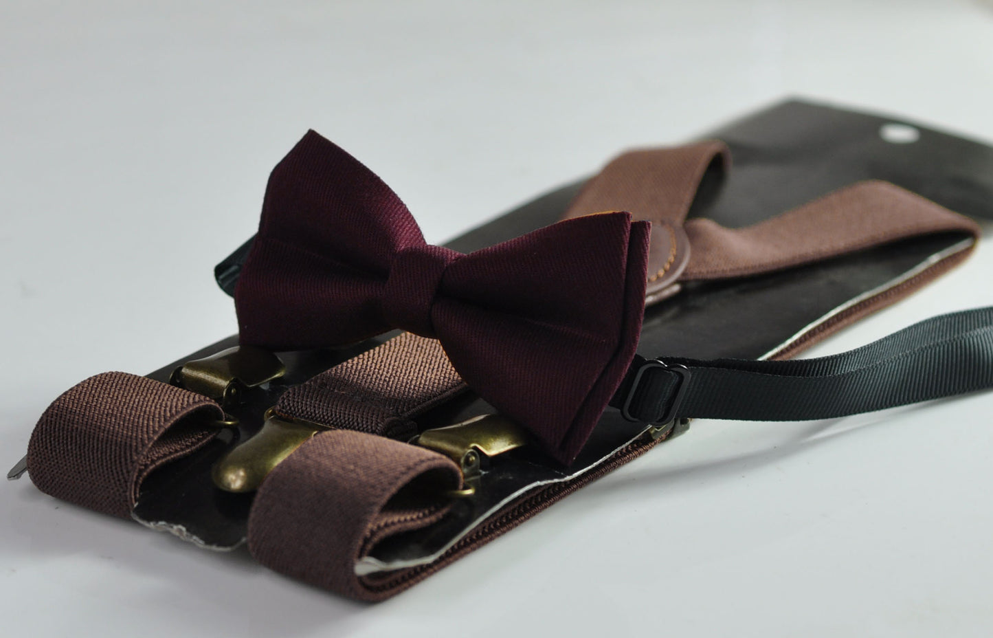 Burgundy Wine Dark Red Cotton Bow tie + Dark Brown Coffee Chocolate Suspenders Braces for Men / Youth / Boys Kids / Baby Infant Toddler