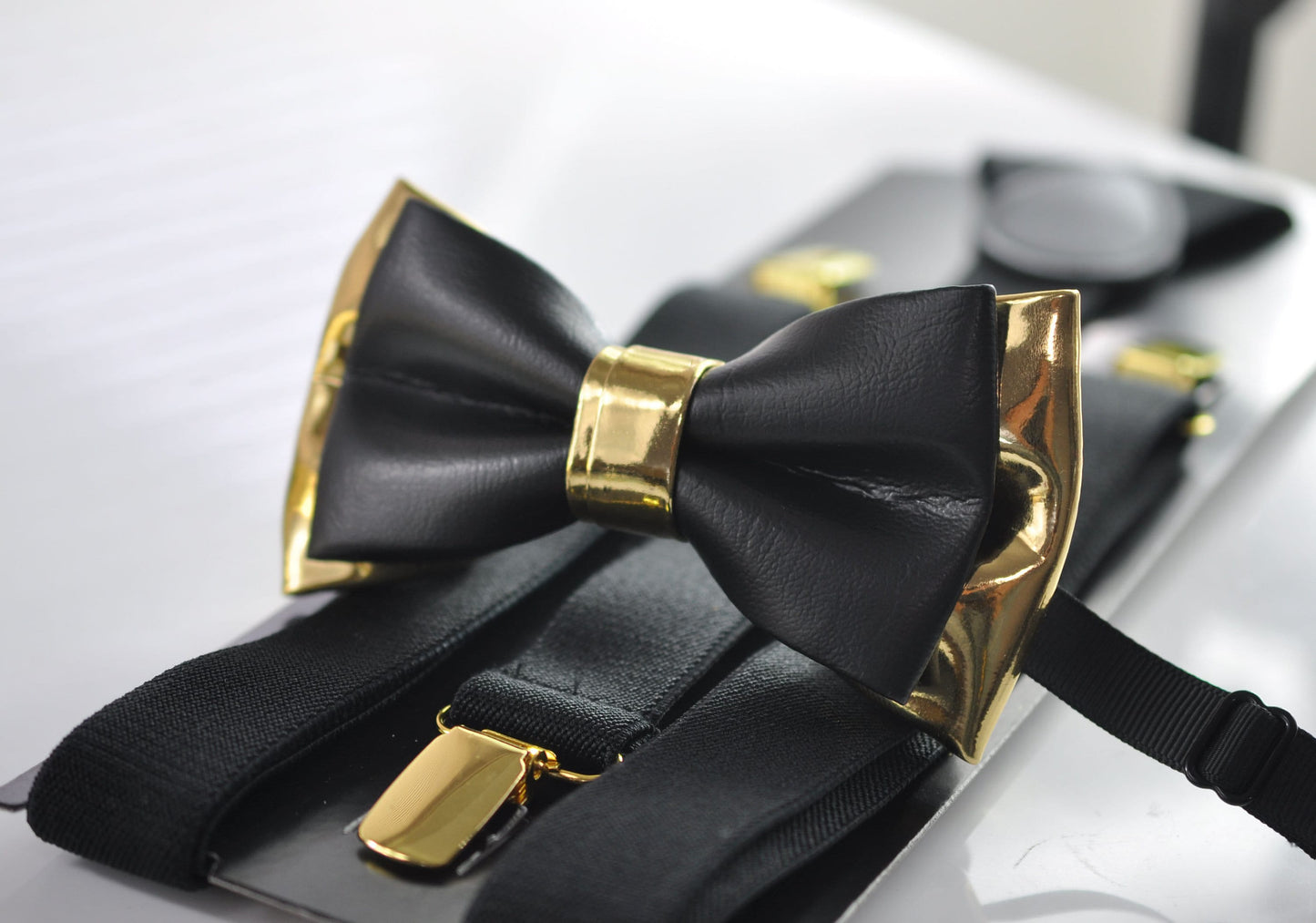 Black Gold Faux Leather Bow tie + Matched Elastic Suspenders Braces Gold Golden Metal Clips Men / Youth / Kids Boy /Toddler Baby Infant