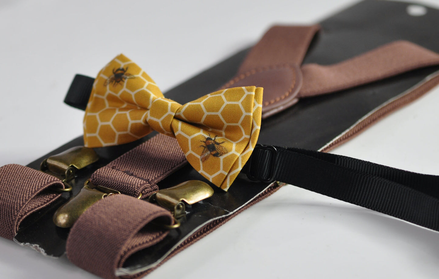 Yellow Honeycomb Honey Comb Bees Bow tie + Dark Brown Coffee Chocolate Suspenders Braces for Men / Youth / Boys Kids / Baby Infant Toddler