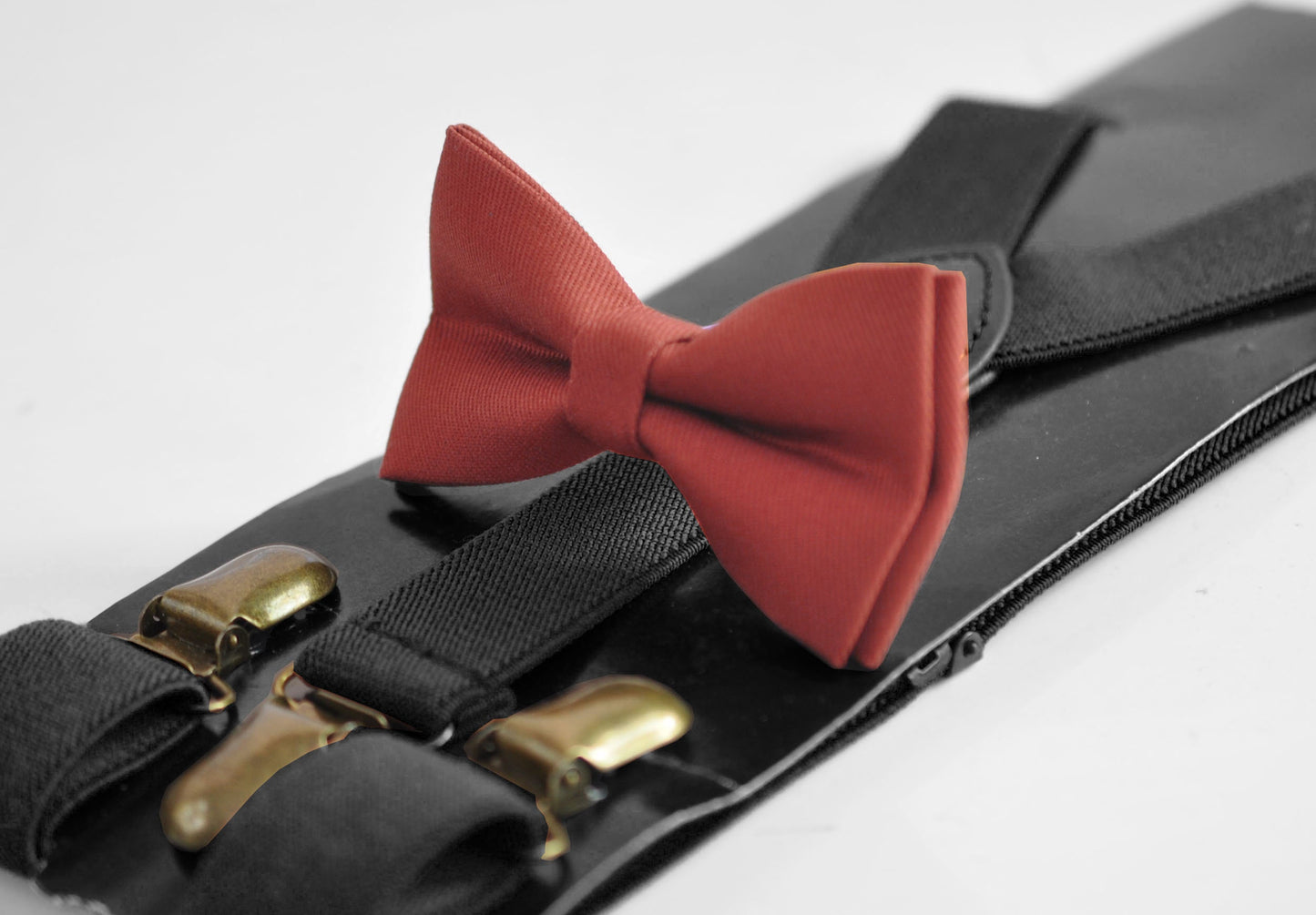 Cinnamon Terracotta Red Brown Cotton Bow tie Bowtie + Black Elastic Suspenders Braces for Men /Youth/ Boys Kids / Baby Infant Toddler