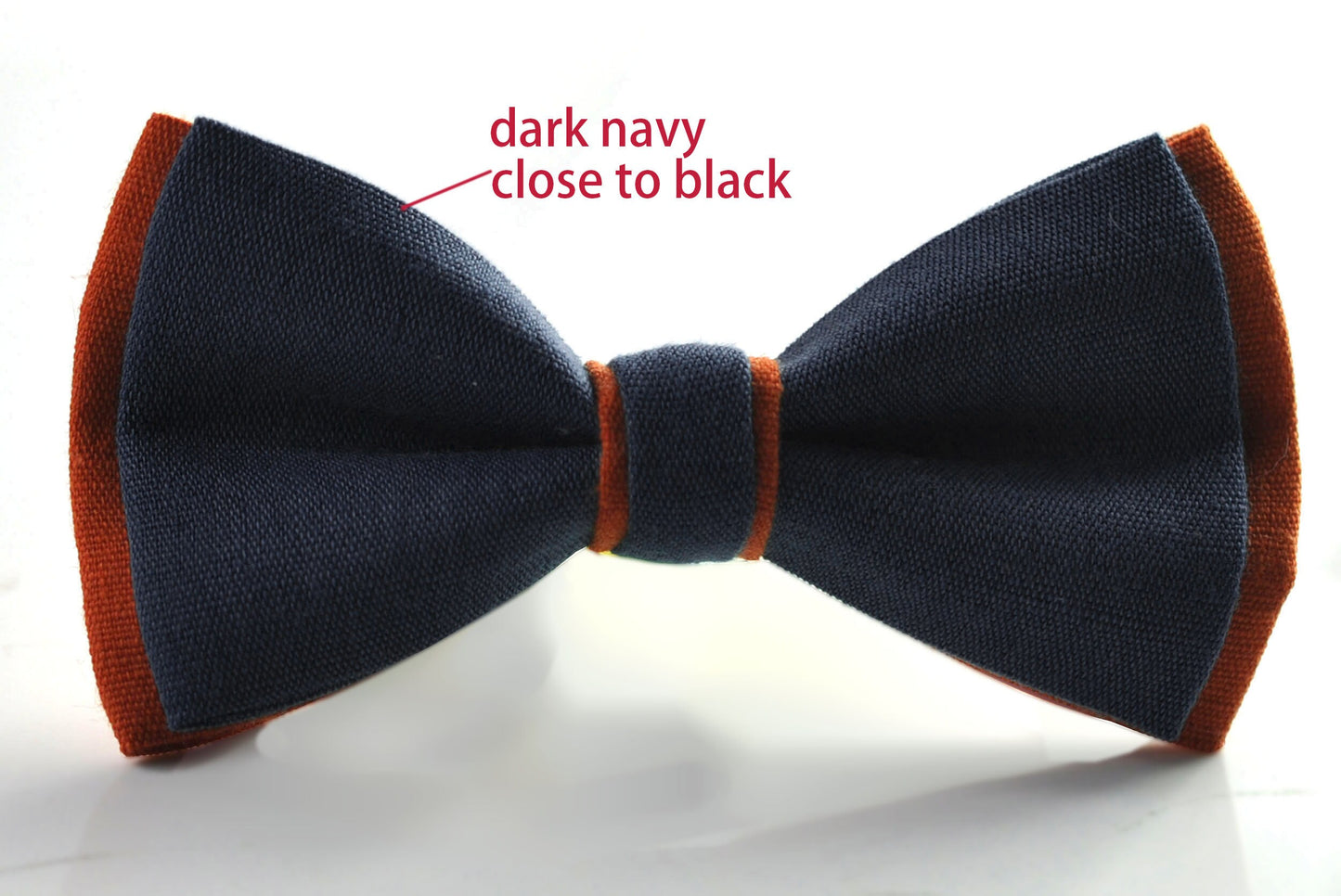 Dark Navy Blue and Burnt Orange Linen Bow tie Bowtie + RUST Terracotta Suspenders Braces for Men / Youth/ Boys Kids / Baby Infant Toddler