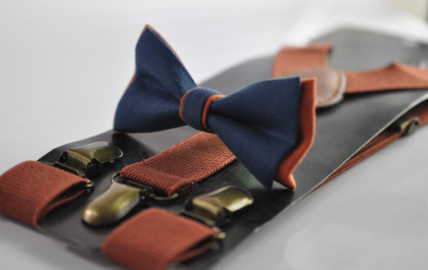 Dark Navy Blue and Burnt Orange Linen Bow tie Bowtie + RUST Terracotta Suspenders Braces for Men / Youth/ Boys Kids / Baby Infant Toddler