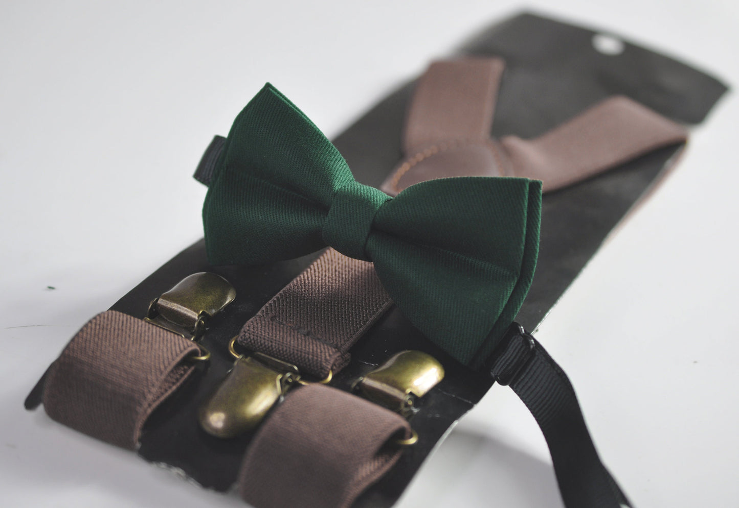 Dark Emerald Green Hunter Green Bow tie + Dark Brown Coffee Chocolate Suspenders Braces for Men / Youth / Boys Kids / Baby Infant Toddler