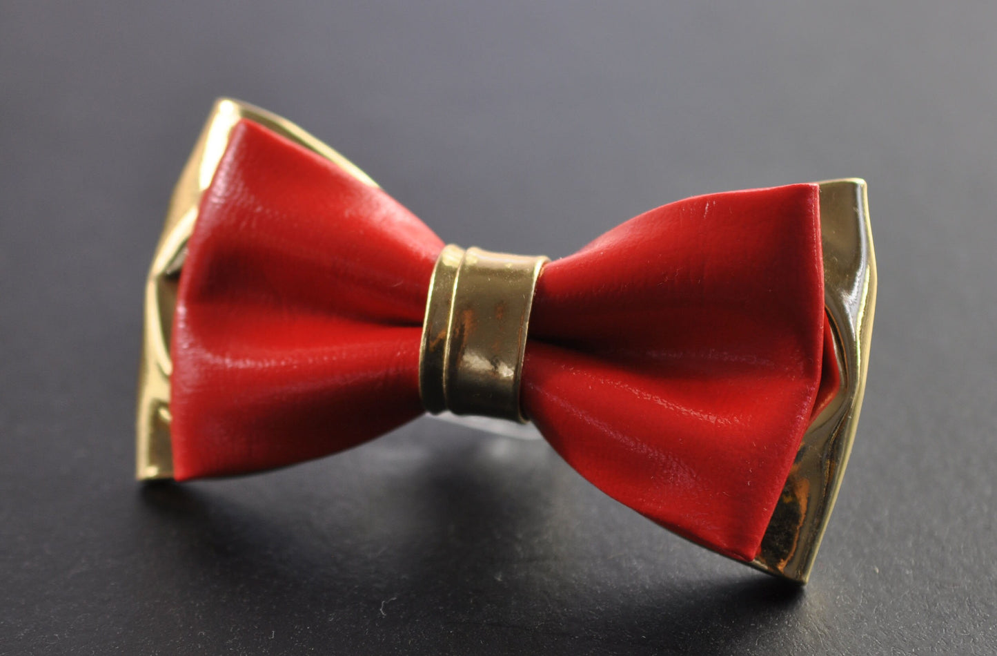 Bright Red Gold Faux Leather Bow tie + Dark Brown Coffee Chocolate Elastic Suspenders Braces for Baby Infant Toddler/ Boy Kids / Youth / Men