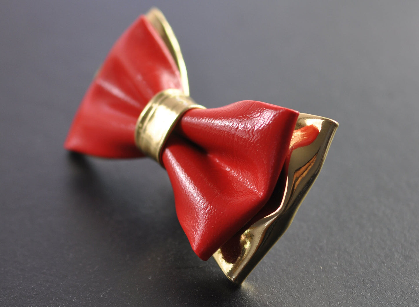 Bright Red Gold Faux Leather Bow tie + Dark Brown Coffee Chocolate Elastic Suspenders Braces for Baby Infant Toddler/ Boy Kids / Youth / Men