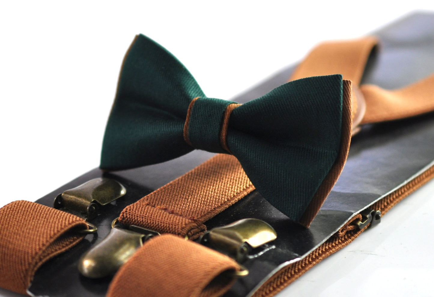 Dark Emerald Green and Tan Brown Bow tie Bowtie + Tan Elastic Suspenders Braces for Men / Youth Teenage/ Boys Kids / Baby Infant Toddler