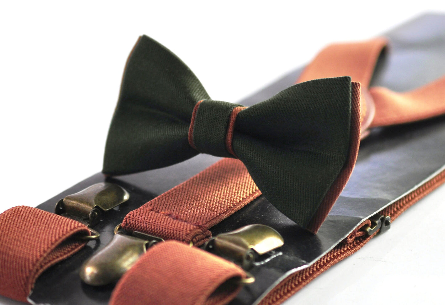 Olive Green Army and Rust Brown Bow tie Bowtie + Rust Terracotta Elastic Suspenders Braces Men / Youth/ Boys Kids / Baby Infant Toddler