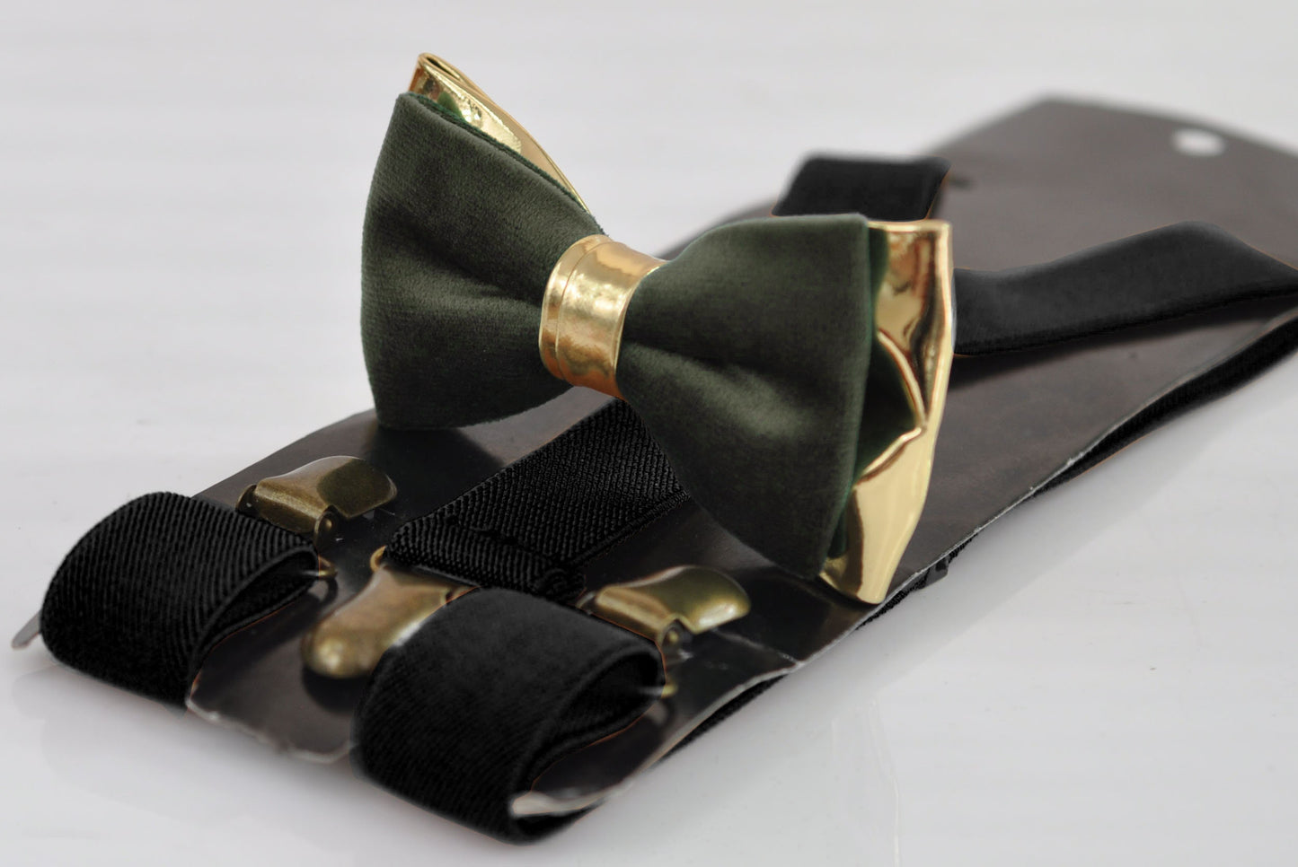 Dark Olive Green Army Green Velvet Gold Leather Bow tie + Black Elastic Suspenders Braces Men / Youth / Boys Kids / Baby Infant Toddler