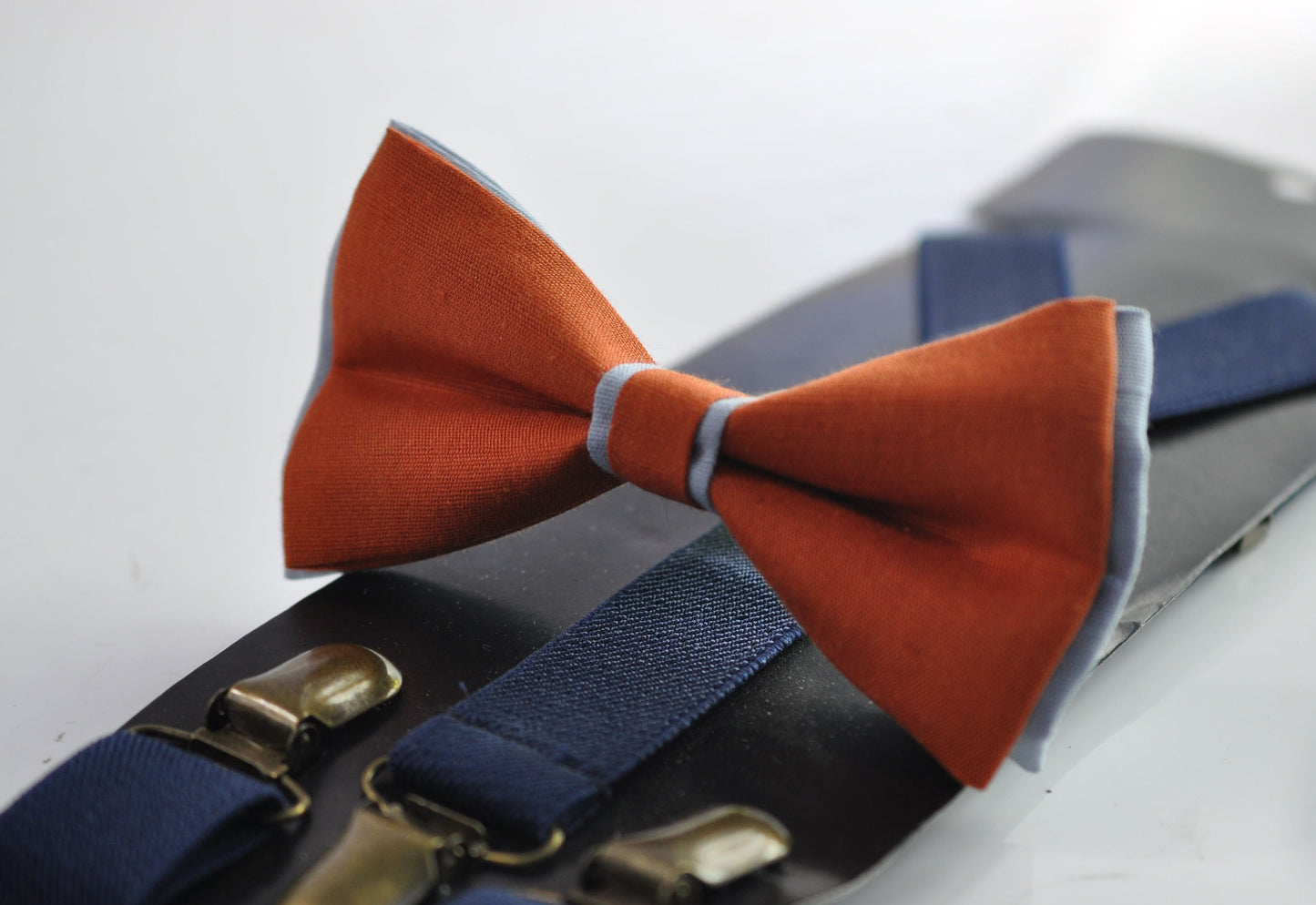 Burnt Orange Dusty Blue Linen Bow tie + Navy Blue Elastic Suspenders Braces for Men / Youth Teenage/ Boys Kids / Baby Infant Toddler