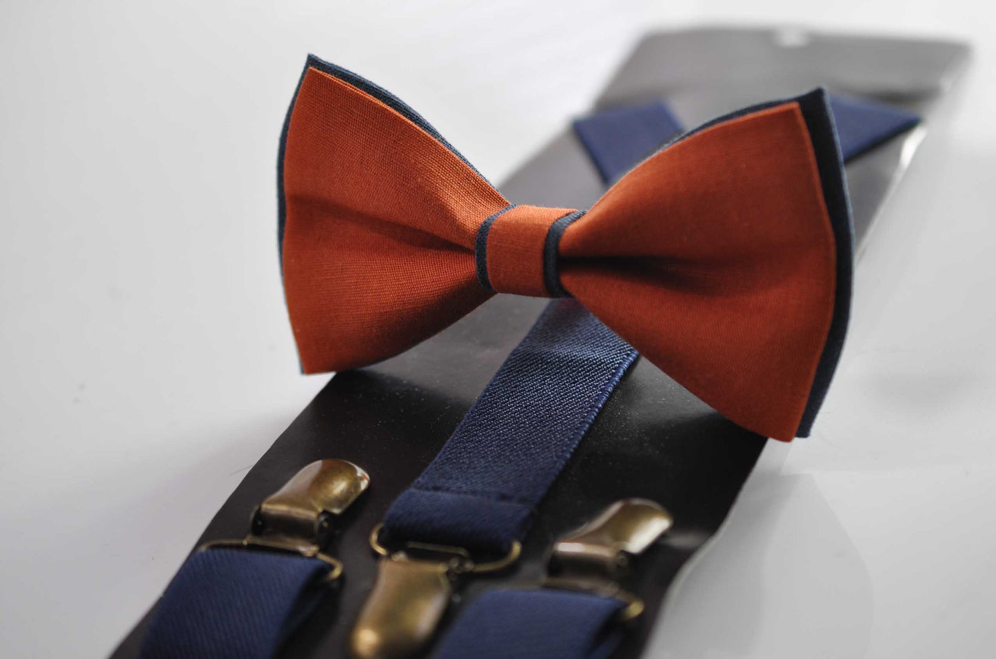Navy Blue and Burnt Orange Linen Bow tie Bowtie + Navy Blue Suspenders Braces for Men / Youth Teenage/ Boys Kids / Baby Infant Toddler