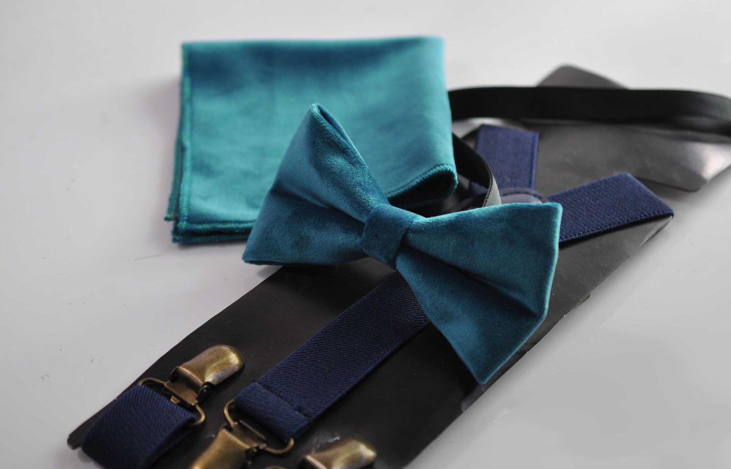 Teal blue Velvet Bow tie + matched Pocket Square Hanky Handkerchief + Navy Suspenders Braces Men / Youth / Boys / Baby Infant toodler
