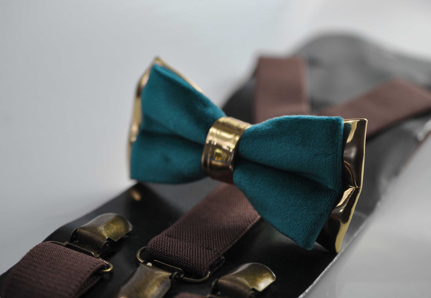 Turquoise Teal blue Gold Velvet Leather Bow tie bowtie + Dark Brown Elastic Suspenders Braces for Men Youth/ Boys Kids / Baby Infant Toddler