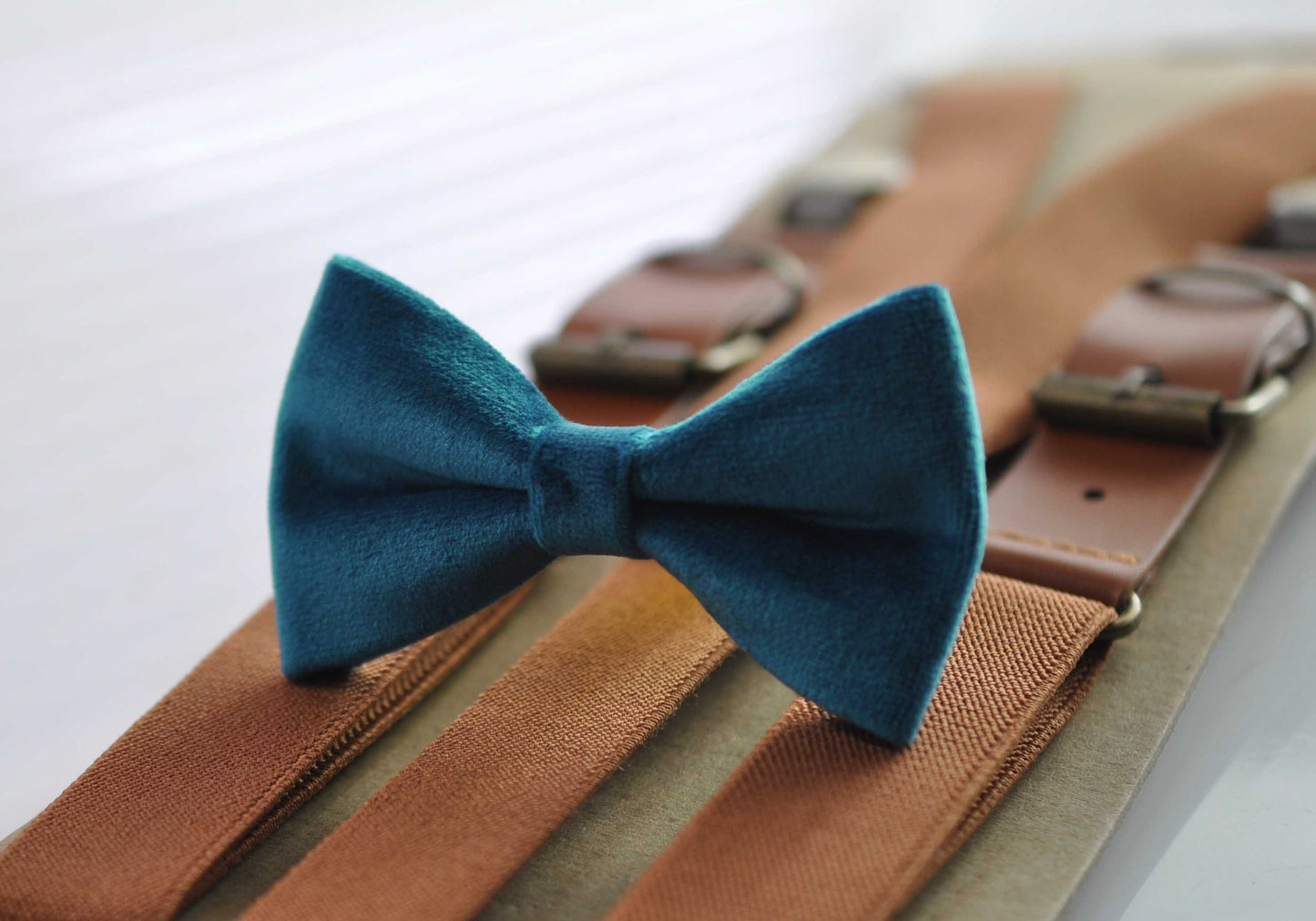 Dark Turquoise Teal Blue Velvet Bow tie + Tan Brown Elastic Suspenders Braces for Baby Infant / Boy Kids / Youth Teenage / Men Adult