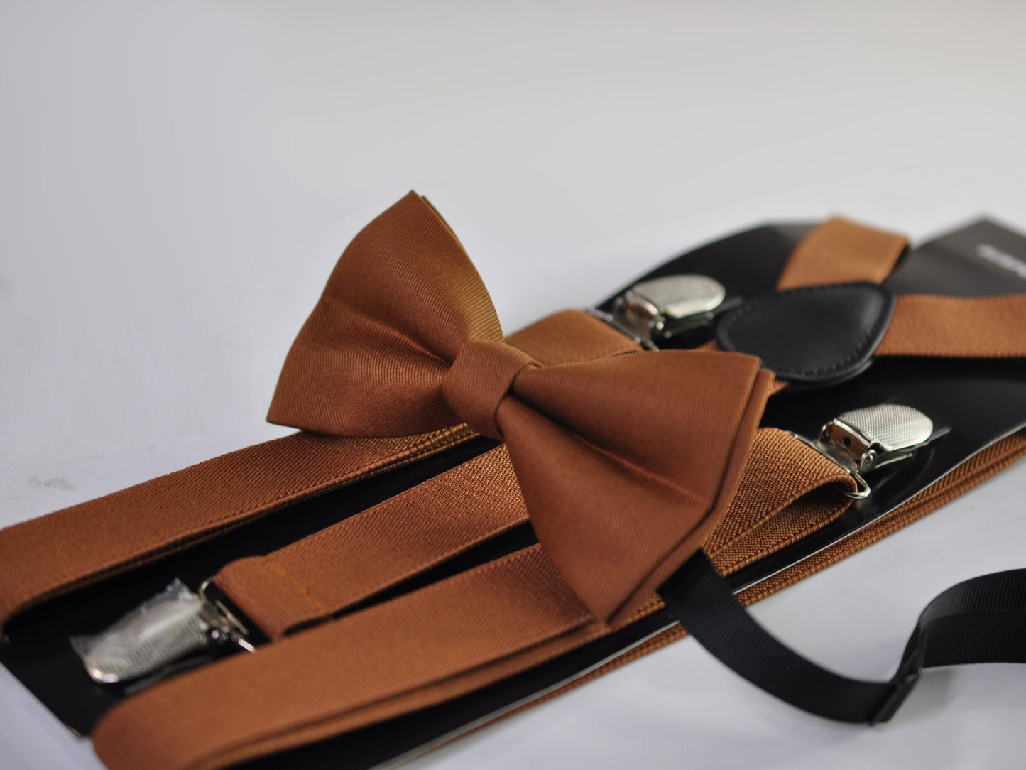 Tan Brown Cotton Bow tie + Elastic Suspenders Braces + Pocket Square Hanky Handkerchief for Men / Youth / Boys Kids / Baby Infant