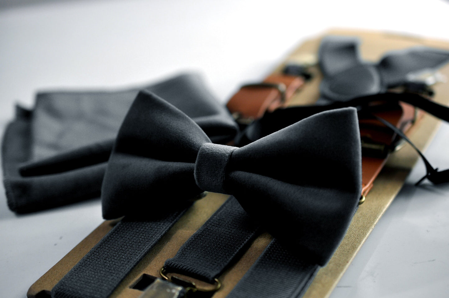 Black Velvet Bow tie + Black Elastic Suspenders Braces for Men / Youth / Boys Kids / Baby Infant Toddler