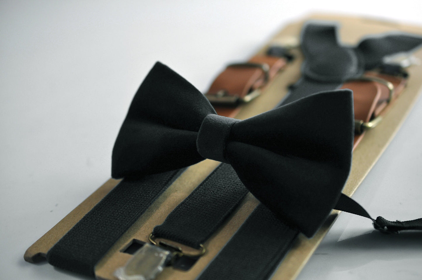Black Velvet Bow tie + Black Elastic Suspenders Braces for Men / Youth / Boys Kids / Baby Infant Toddler