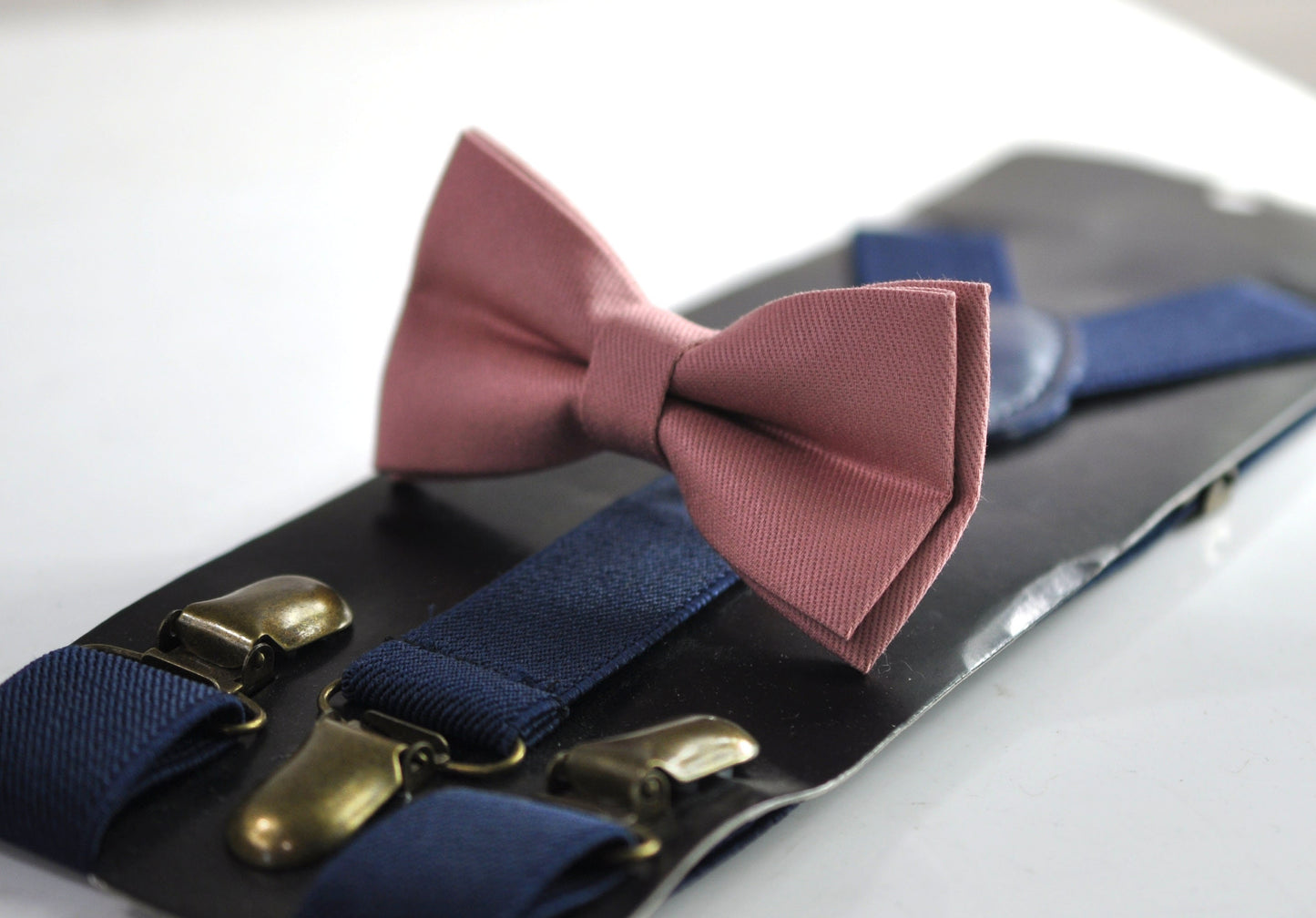 Dusty Rose Pink Cotton Bow tie Bowtie + Navy Blue Elastic Suspenders Braces for Men / Youth Teenage/ Boys Kids / Baby Infant Toddler