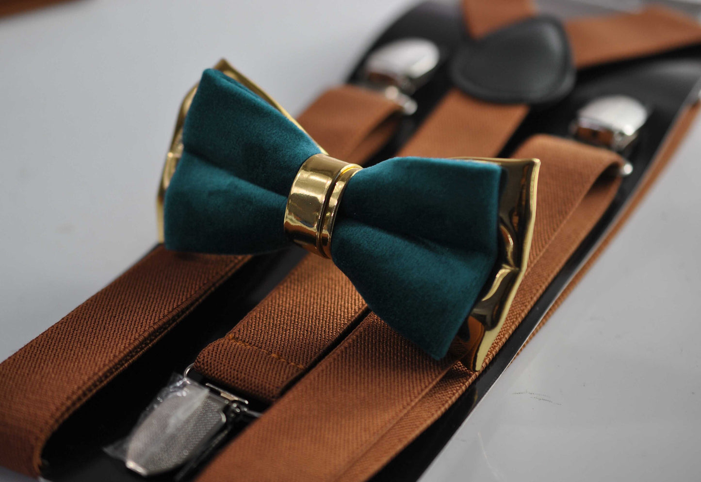 Turquoise Teal blue Gold Velvet Leather Bow tie bowtie + Tan Brown Elastic Suspenders Braces for Men Youth/ Boys Kids / Baby Infant Toddler